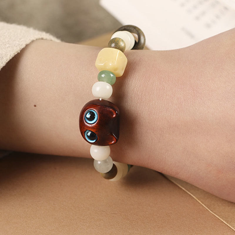 Wear FengShui Bodhi Seed Green Sandalwood Ebony Wood Small Leaf Red Sandalwood Cat Head Paw Claw Peace Bracelet