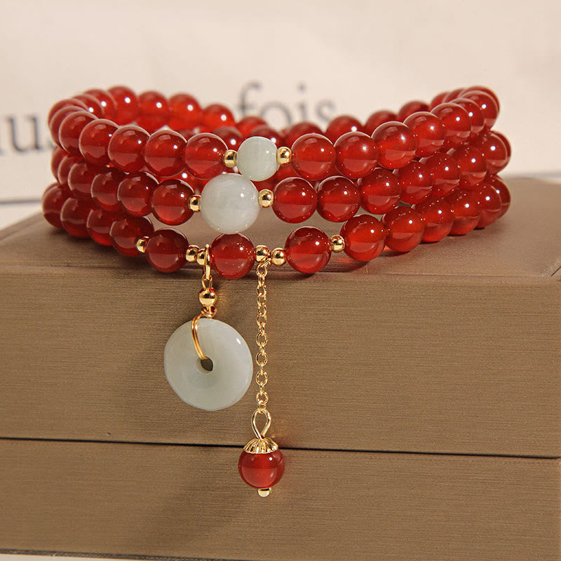 Wear FengShui Natural Red Agate Jade Peace Buckle Calm Triple Wrap Bracelet