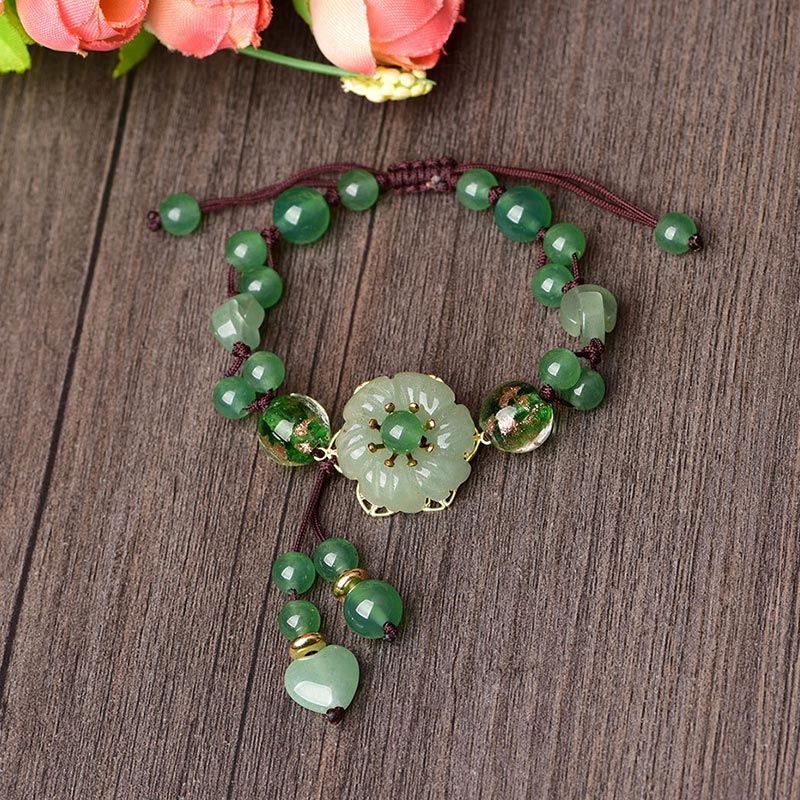Wear FengShui Natural Green Jade Luck Dangling Flower Bracelet