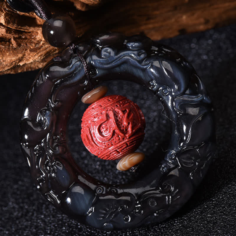Wear FengShui FengShui Natural Rainbow Obsidian PiXiu Cinnabar Healing Necklace Pendant