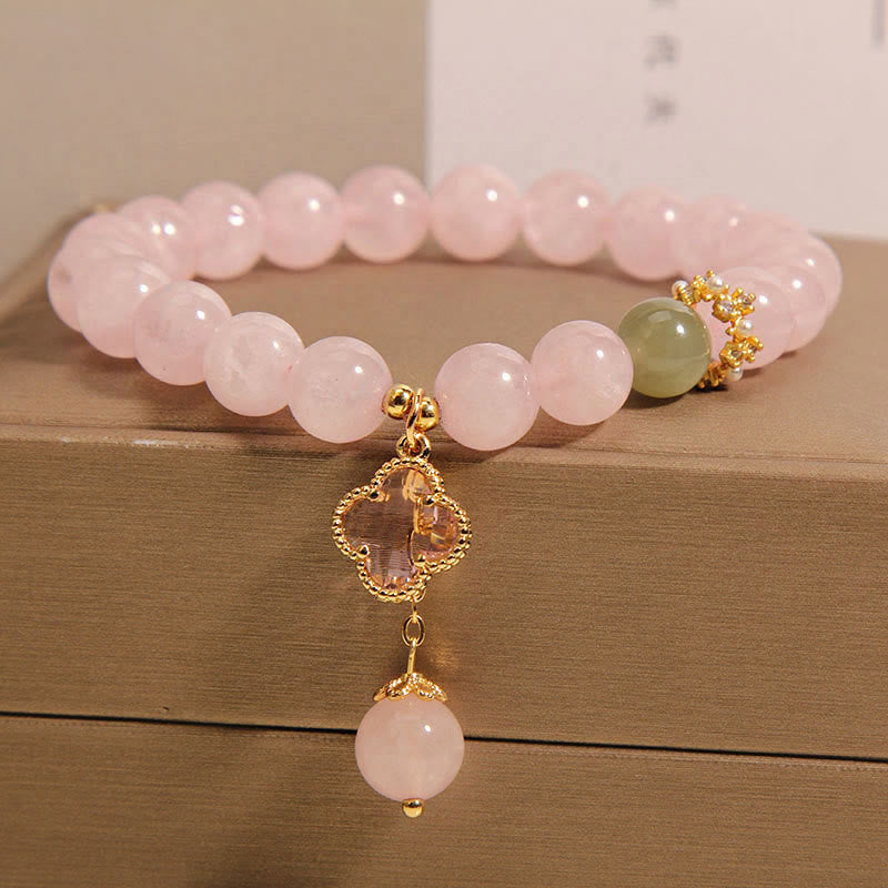 Wear FengShui Natural Pink Crystal Four Leaf Clover Soothing Bracelet