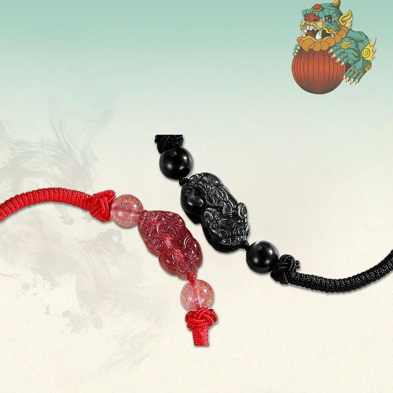 Wear FengShui Handmade Natural Silver Sheen Obsidian Strawberry Quartz PiXiu Protection Braided Bracelet