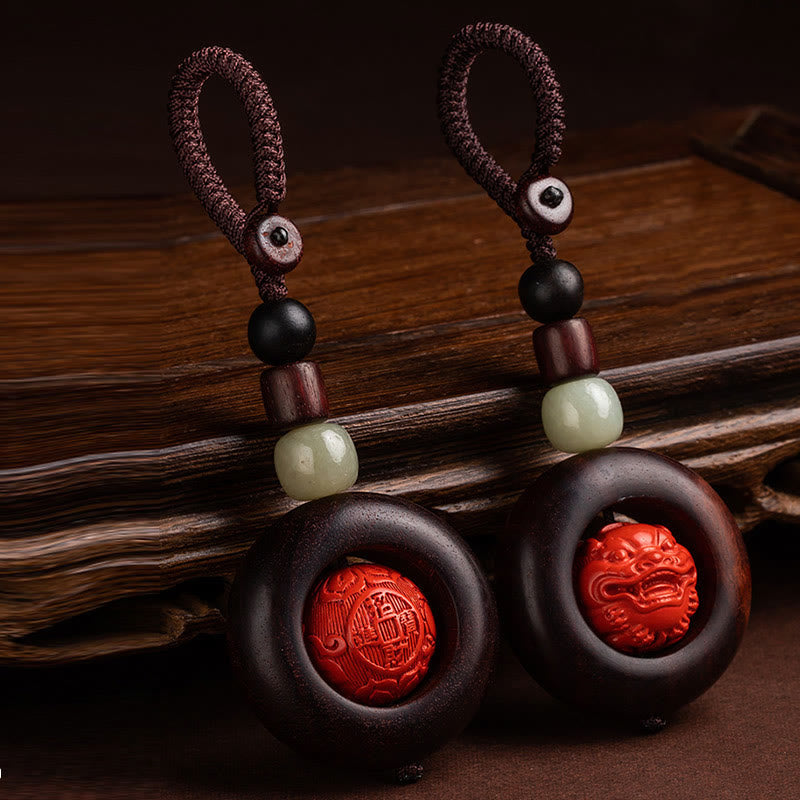 Wear FengShui Tibet Om Mani Padme Hum PiXiu Copper Coin Small Leaf Red Sandalwood Cinnabar Protection Key Chain
