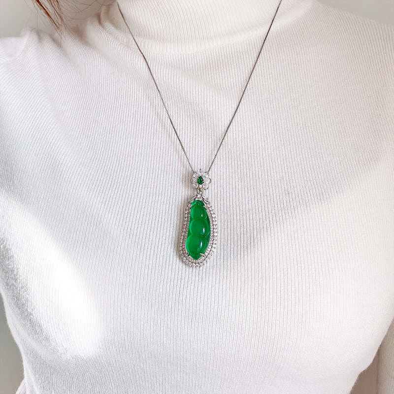 Wear FengShui Fortune Bean Cyan Jade Luck Necklace Pendant