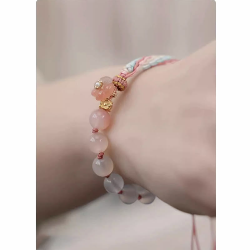 Wear FengShui Natural Gradient Agate Reincarnation Knot Peach Blossom Wealth Luck Handmade String Bracelet