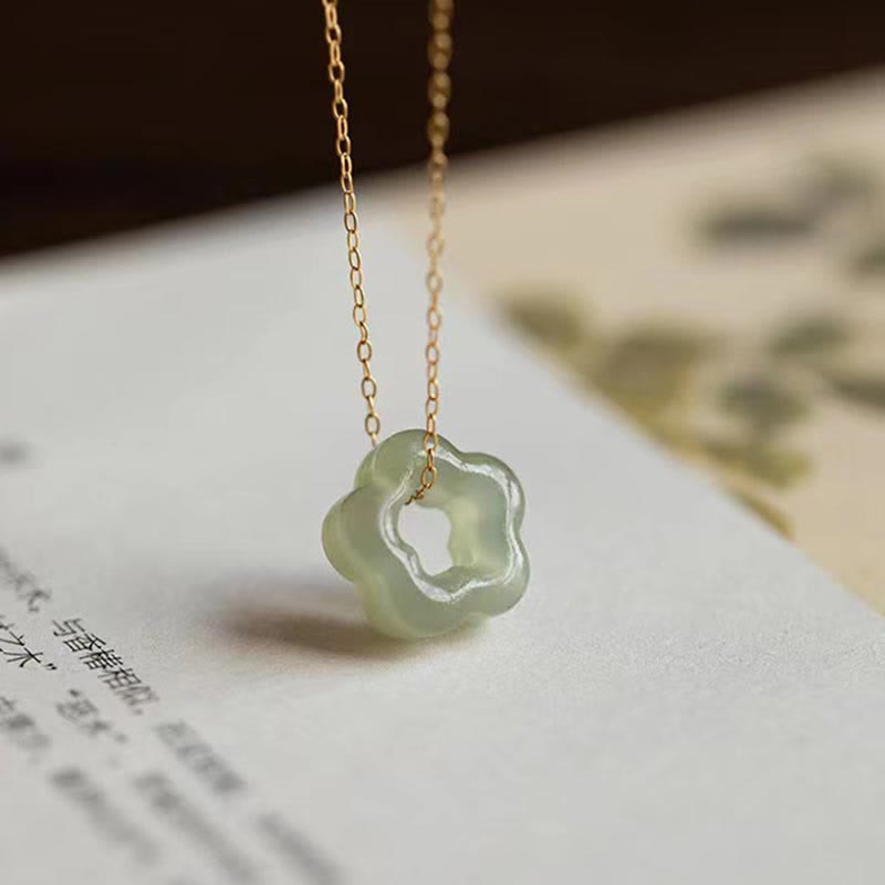 Wear FengShui Dainty Hetian Jade Cyan Jade Luck Floral Charm Necklace Pendant