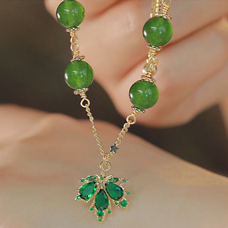 Wear FengShui 14k Gold Plated Green Chalcedony Maple Leaf Courage Strength Bracelet