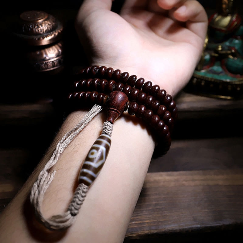 Wear FengShui Natural Tibet 108 Mala Beads Purple Bodhi Seed Three-eyed Dzi Bead Copper Dorje Harmony Bracelet