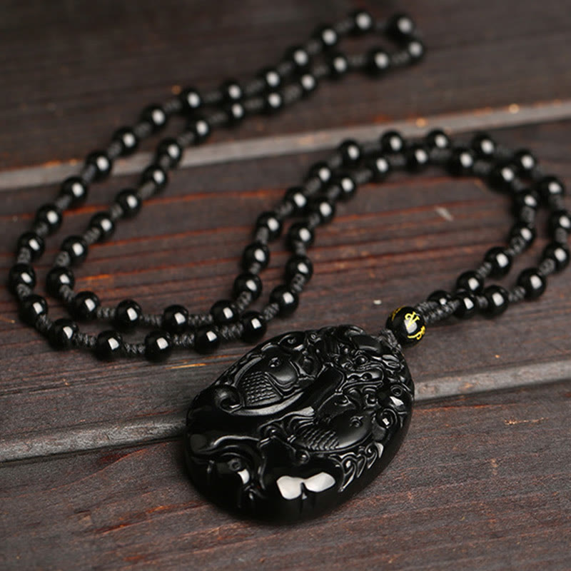 Wear FengShui Black Obsidian Koi Fish Bead Rope Fulfilment Strength Necklace Pendant