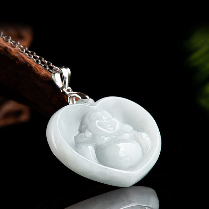 Wear FengShui Laughing Buddha White Jade Luck Blessing Titanium Steel Chain Necklace Pendant