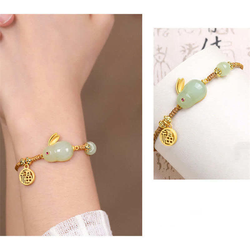 Wear FengShui Year of the Rabbit Hetian Jade Happiness Blessing Wealth String Bracelet