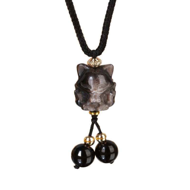 Wear FengShui Natural Silver Sheen Obsidian Nine Tailed Fox Protection Necklace Pendant