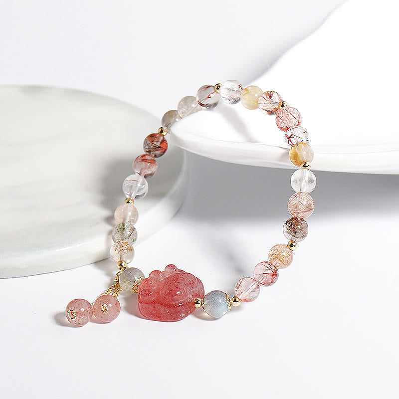 Wear FengShui Natural Strawberry Quartz Cat Paw Claw Colorful Rutilated Quartz Moonstone Love Bracelet