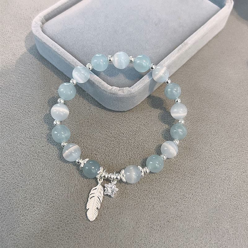 Wear FengShui 925 Sterling Silver Aquamarine Cat's Eye Healing Feather Star Charm Bracelet