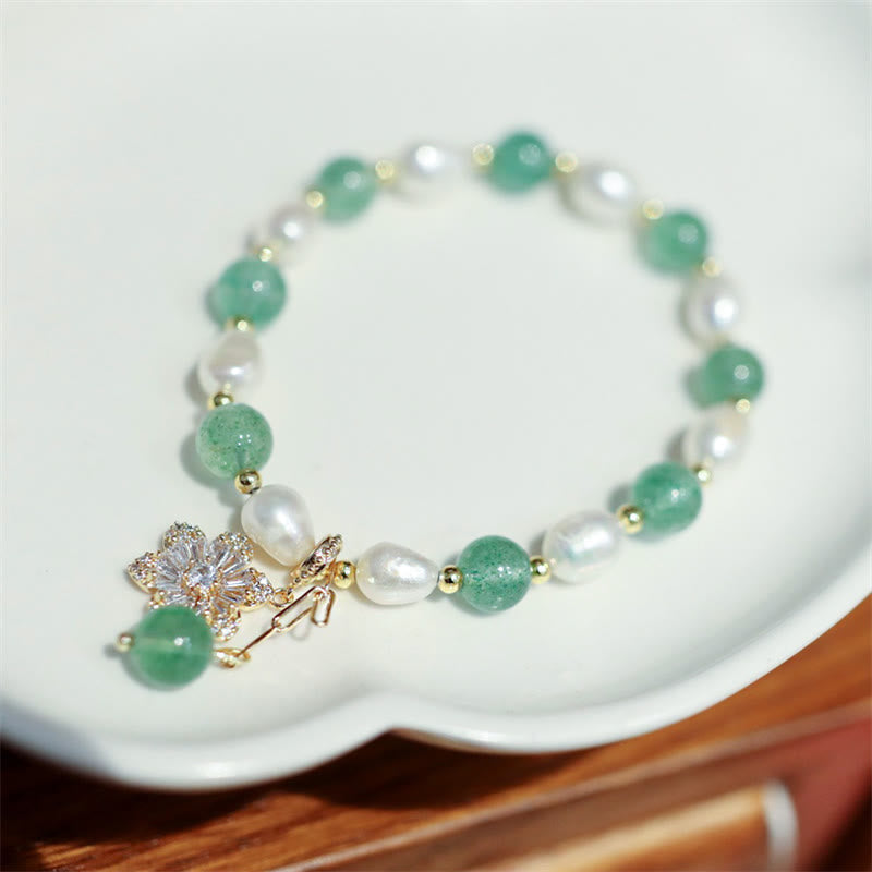 Wear FengShui Natural Green Strawberry Quartz Pearl Flower Charm Love Bracelet