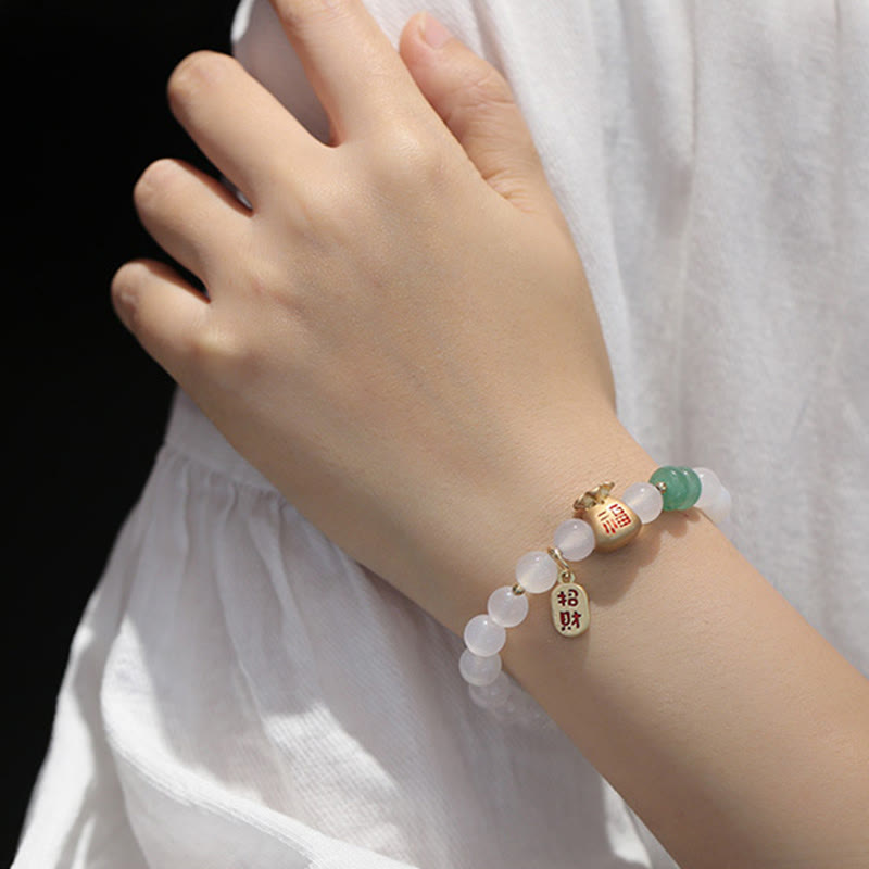 Wear FengShui Natural White Agate Red Agate Money Bag Fu Character Four Leaf Clover Protection Bracelet