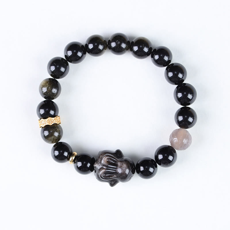 Wear FengShui Gold Sheen Obsidian Black Obsidian Silver Sheen Obsidian Cute Rabbit Protection Bracelet