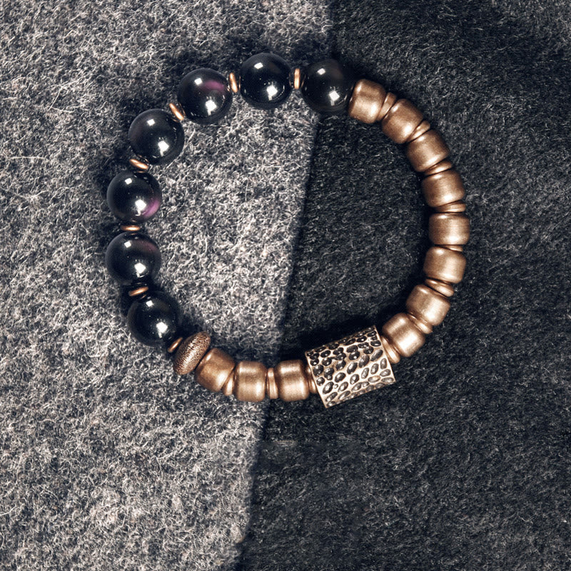 Wear FengShui Lava Rock Stone Rainbow Obsidian Brass Support Healing Bracelet