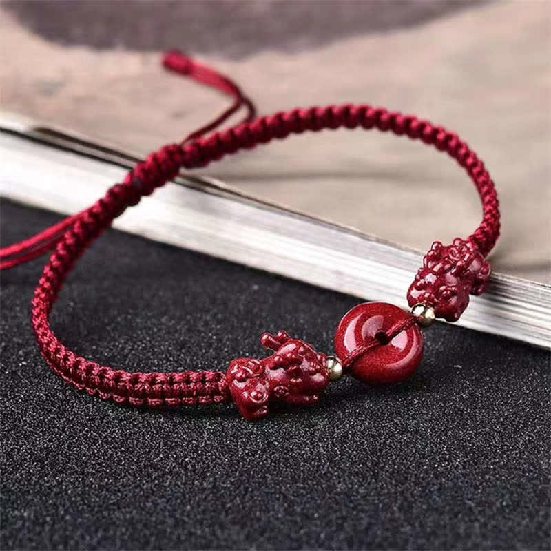 Wear FengShui Cinnabar PiXiu Blessing Copper Coin Peace Buckle Red String Bracelet