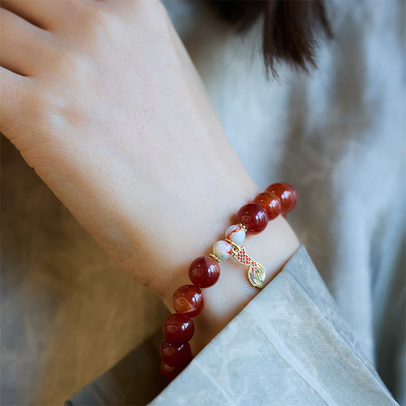 Wear FengShui Natural Red Agate Peace Talisman Fu Character Dragon Tail Confidence Charm Bracelet