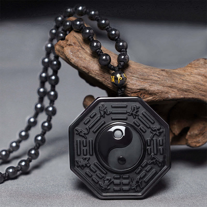 Wear FengShui Black Obsidian Stone Yin Yang Pendant Necklace