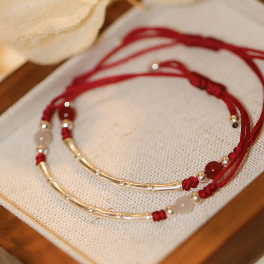 Wear FengShui 925 Sterling Silver Bamboo White Agate Red Agate Bead Protection String Braided Bracelet