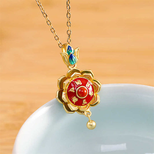 Wear FengShui 925 Sterling Silver Tibet Lotus Prayer Wheel Red Agate Enlightenment Necklace Pendant