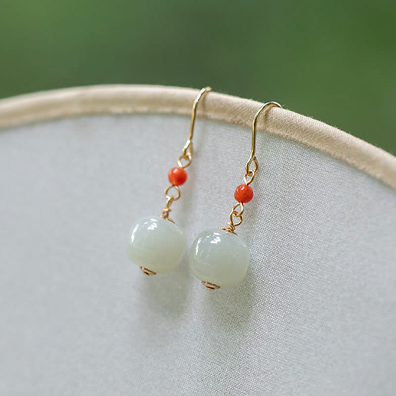 Wear FengShui 925 Sterling Silver Plated 14k Gold Hetian Jade Red Agate Luck Drop Dangle Earrings
