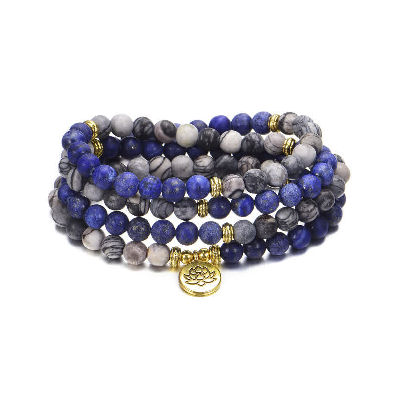 Wear FengShui Lazurite Picasso Jasper Amazonite Rhodonite Apatite Positive Lotus Prayer Bead Bracelet