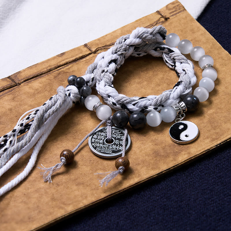 Wear FengShui Black Glitter Stone Cat's Eye Yin Yang Mountain Ghosts Spend Money Power Double Layer Rope Bracelet