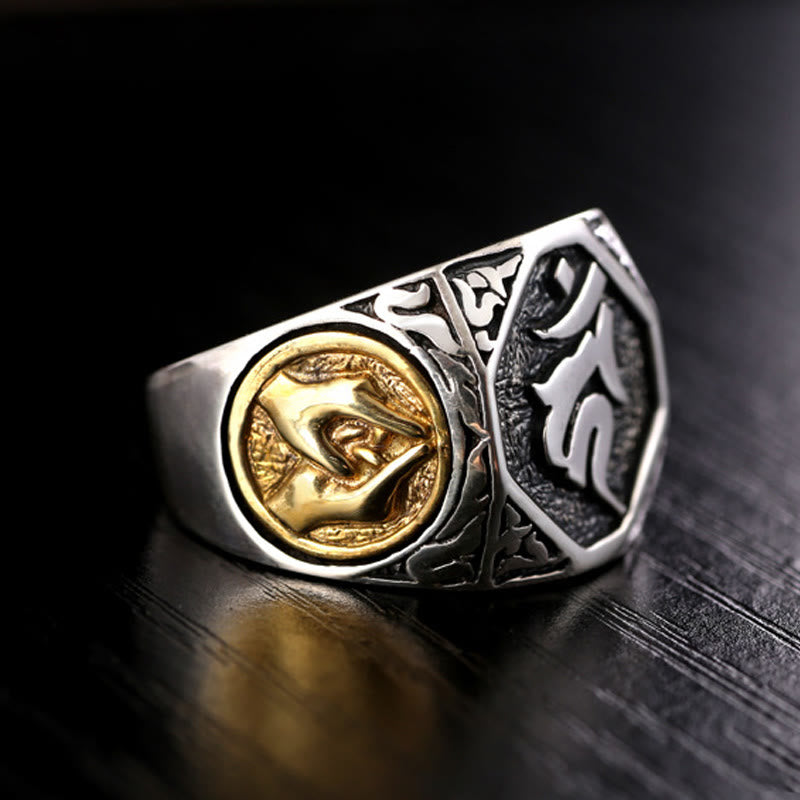 Wear FengShui 925 Sterling Silver Sanskrit Design Carved Protection Adjustable Ring