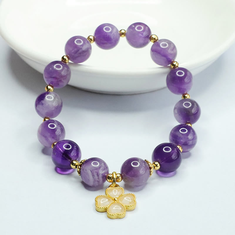 Wear FengShui Natural Amethyst Crystal Inner Peace Four Leaf Clover Charm Bracelet