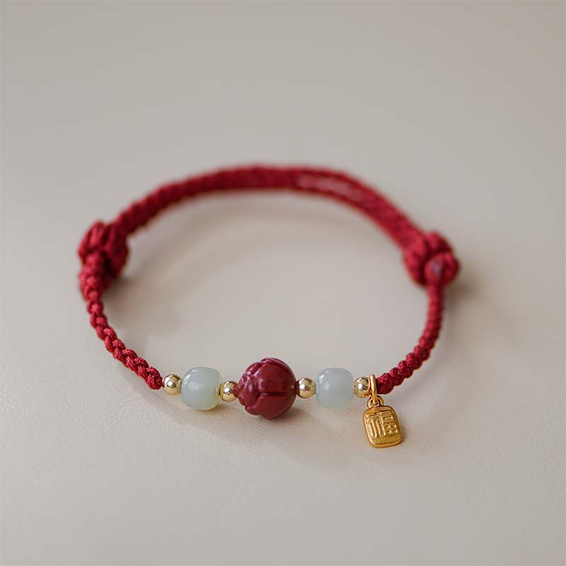 Wear FengShui Cinnabar Jade Lotus Calm Red String Weave Bracelet