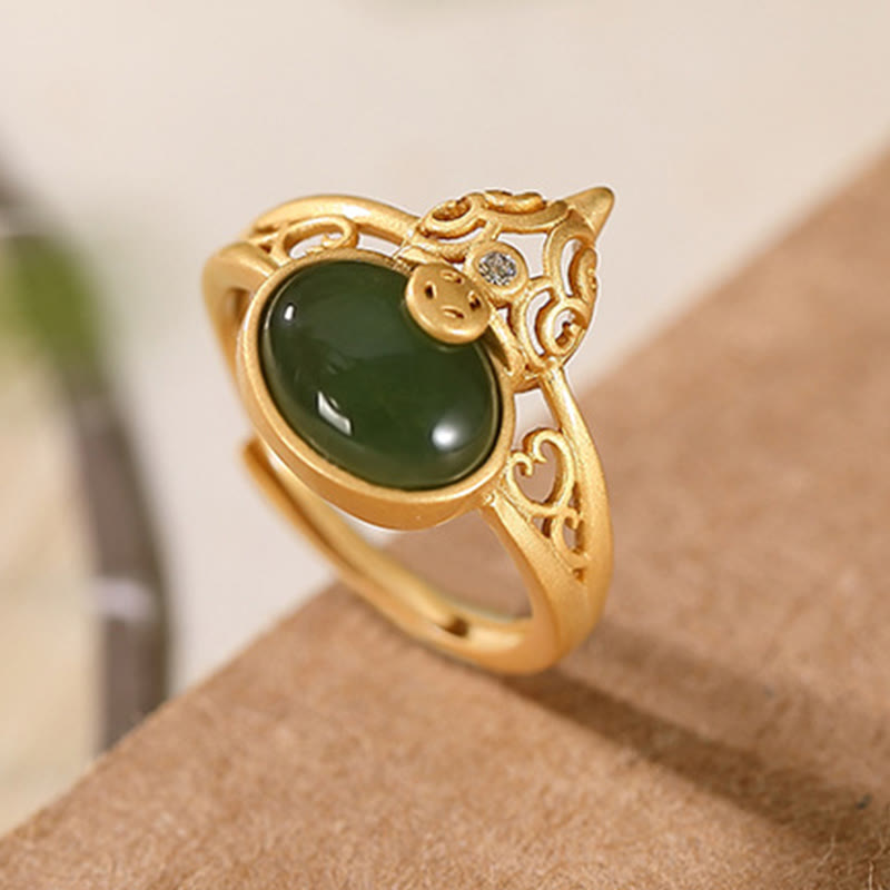 Wear FengShui Gourd Cyan Jade Copper Coin Success Luck Adjustable Ring