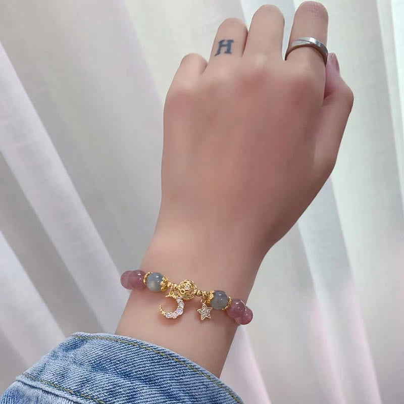 Wear FengShui Strawberry Quartz Moonstone Moon Star Love Bracelet