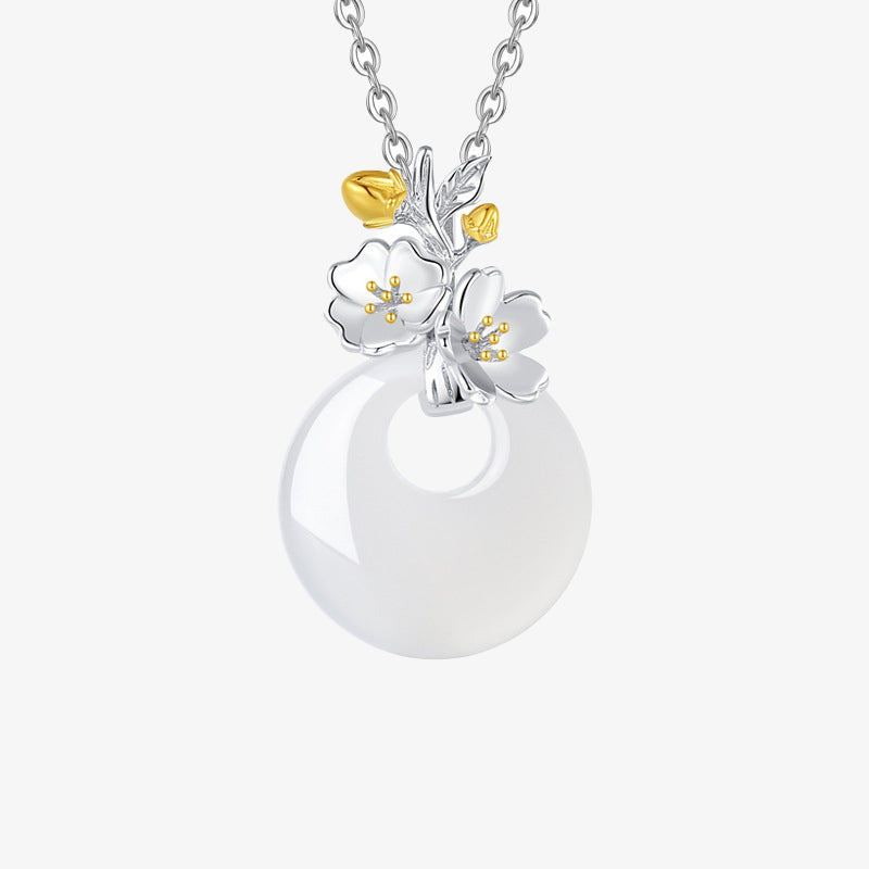 Wear FengShui 925 Sterling Silver Round Chalcedony Twelve Months Flower Harmony Necklace Pendant