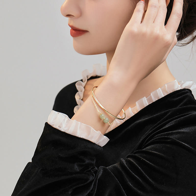Wear FengShui Copper Plated Gold Hetian Jade Bead Luck Double Layer Bracelet Bangle