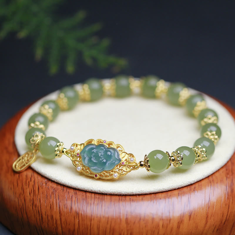 Wear FengShui 925 Sterling Silver Plated 14K Gold Hetian Jade Lotus Luck Bracelet