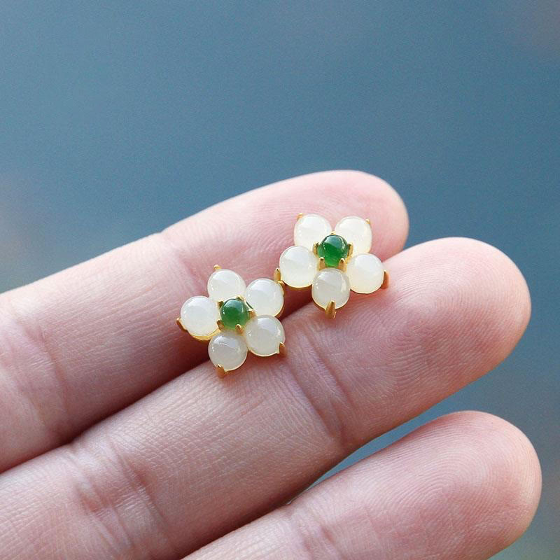 Wear FengShui White Jade Flower Luck Blessing Stud Earrings