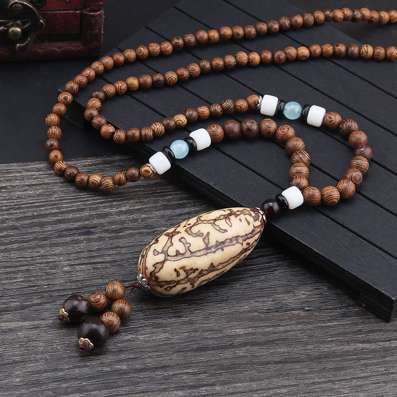 Wear FengShui Tibetan Wenge Wood Bodhi Seed Agate Balance Peace Necklace Pendant