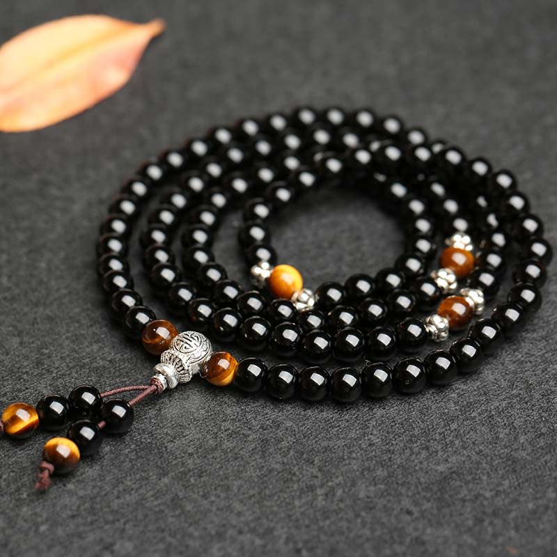 Wear FengShui Black Obsidian Tiger Eye Blessing Mala Bracelet