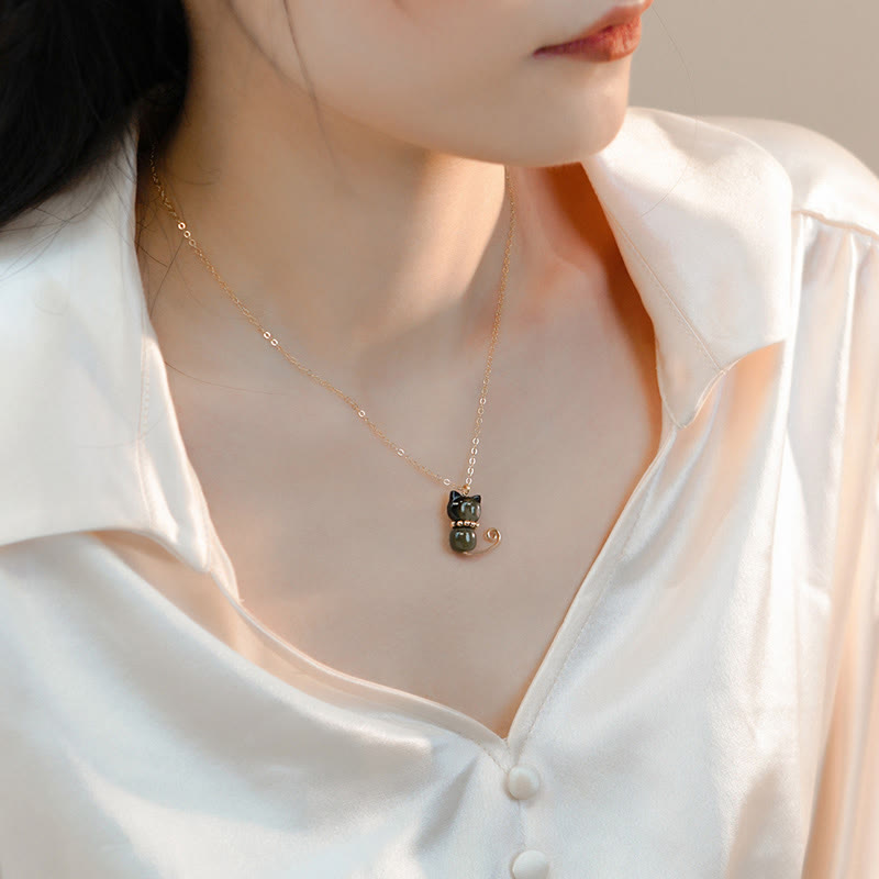 Wear FengShui 14K Gold Plated Pearl Hetian Jade Shell Luck Cat Kitten Necklace Pendant