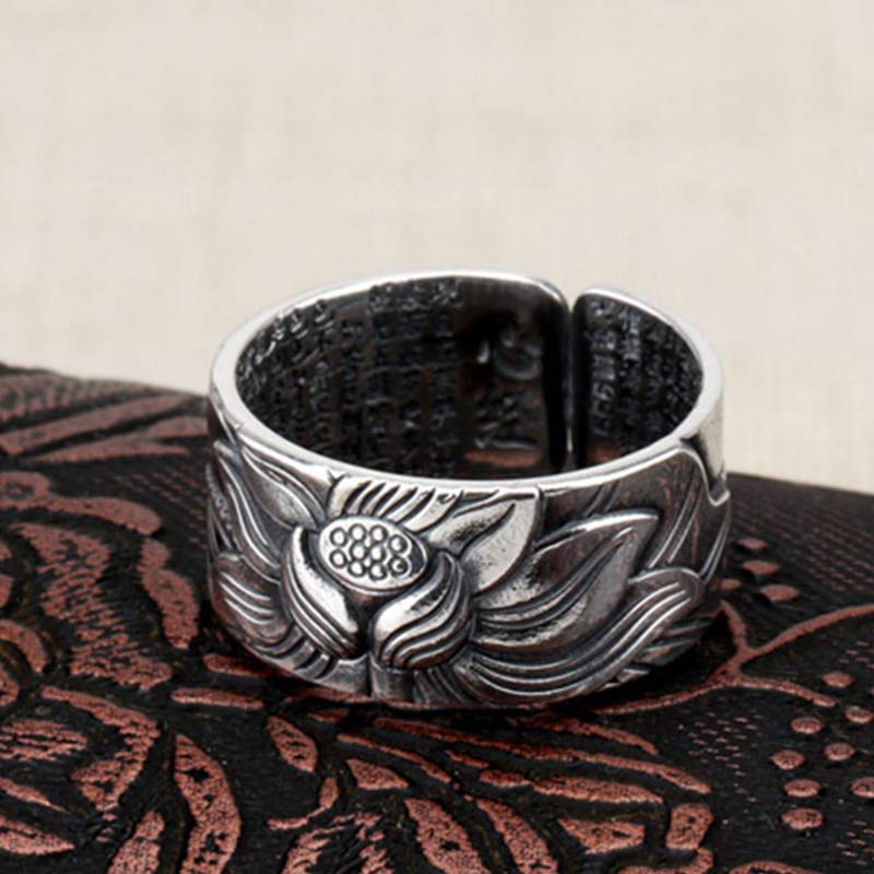Wear FengShui 999 Sterling Silver Lotus Symbol Heart Sutra Protection Ring