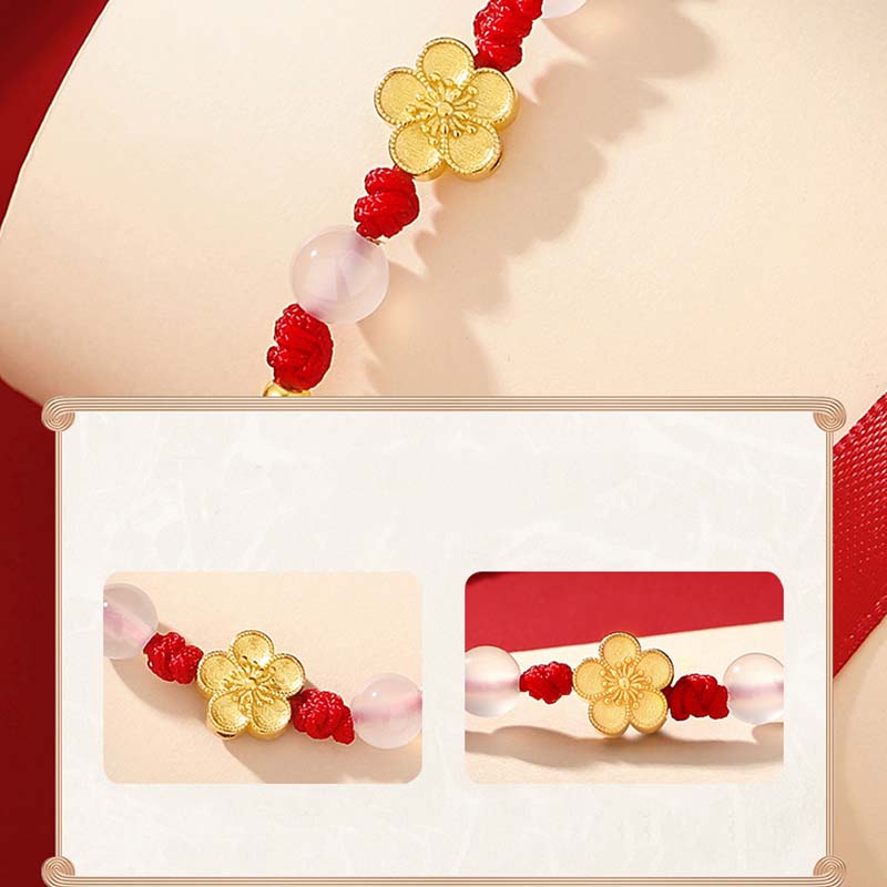 Wear FengShui Handmade 925 Sterling Silver Peach Blossom Cherry Sakura Chalcedony Bead Luck Red Rope Bracelet