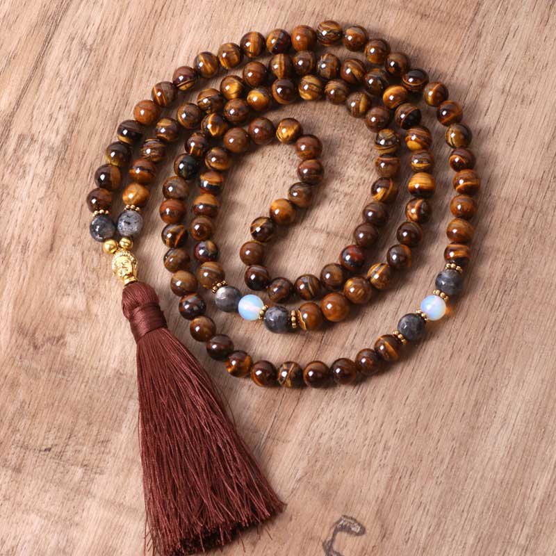 Wear FengShui Tibetan Tiger Eye Buddha Strength Power Beaded Tassel Pendant Necklace