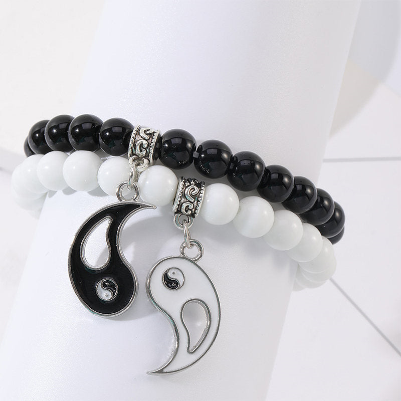 Wear FengShui 2Pcs Black Onyx White Turquoise Bead Yin Yang Protection Couple Bracelet