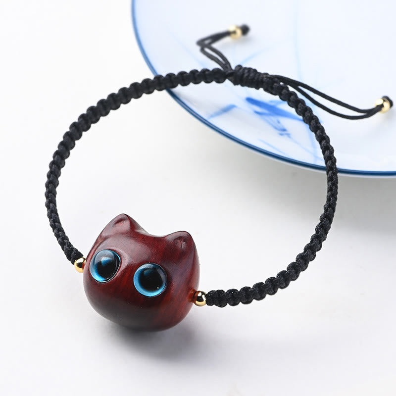Wear FengShui Small Leaf Red Sandalwood Ebony Wood Cute Cat Head Calm Protection Braided Bracelet