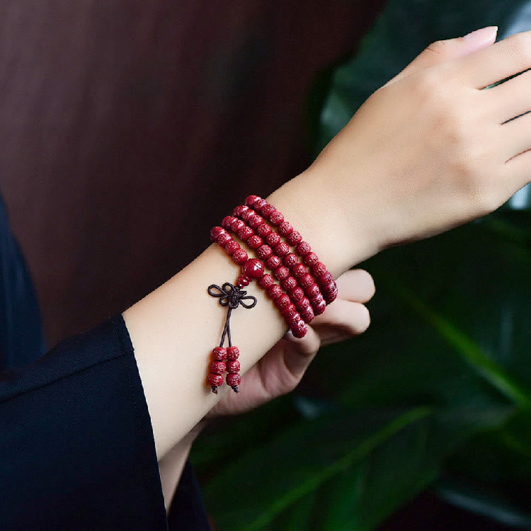 Wear FengShui 108 Mala Beads Cinnabar Om Mani Padme Hum Pattern Engraved Blessing Bracelet