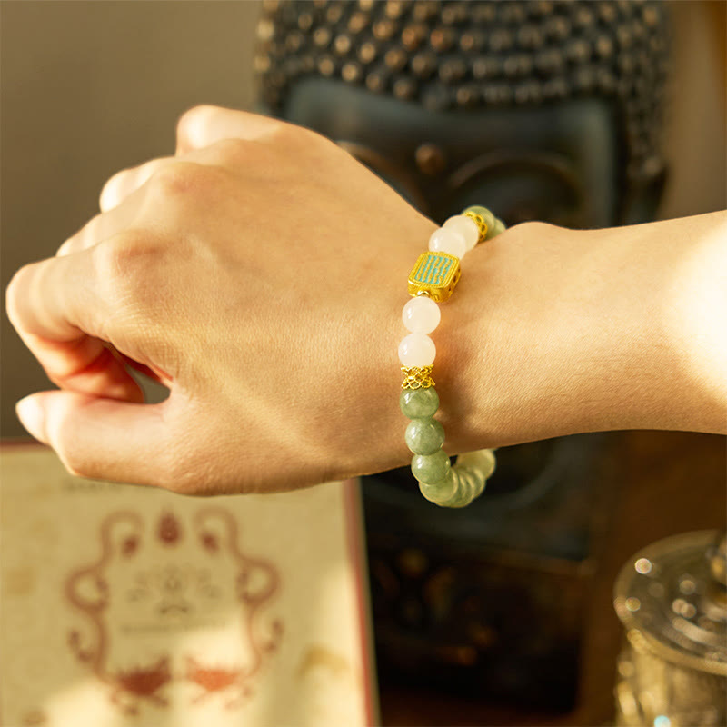 Wear FengShui Natural Green Jade White Agate Five Scriptures Abundance Bracelet