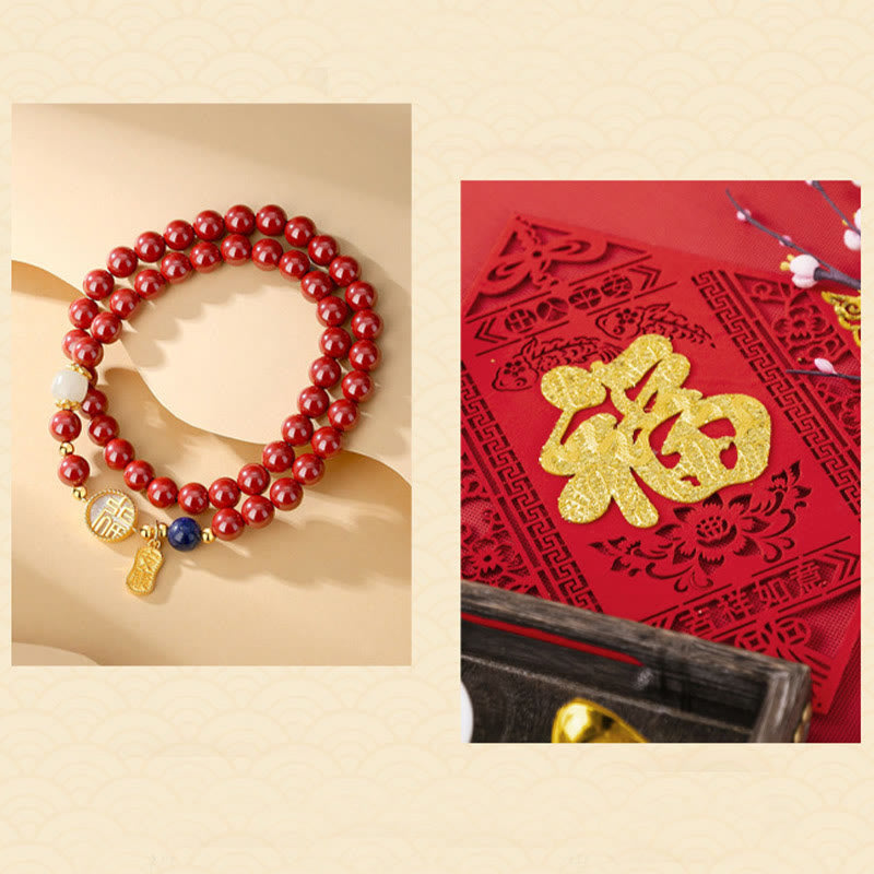Wear FengShui 925 Sterling Silver Cinnabar Tridacna Stone Fu Character Double Wrap Blessing Bracelet
